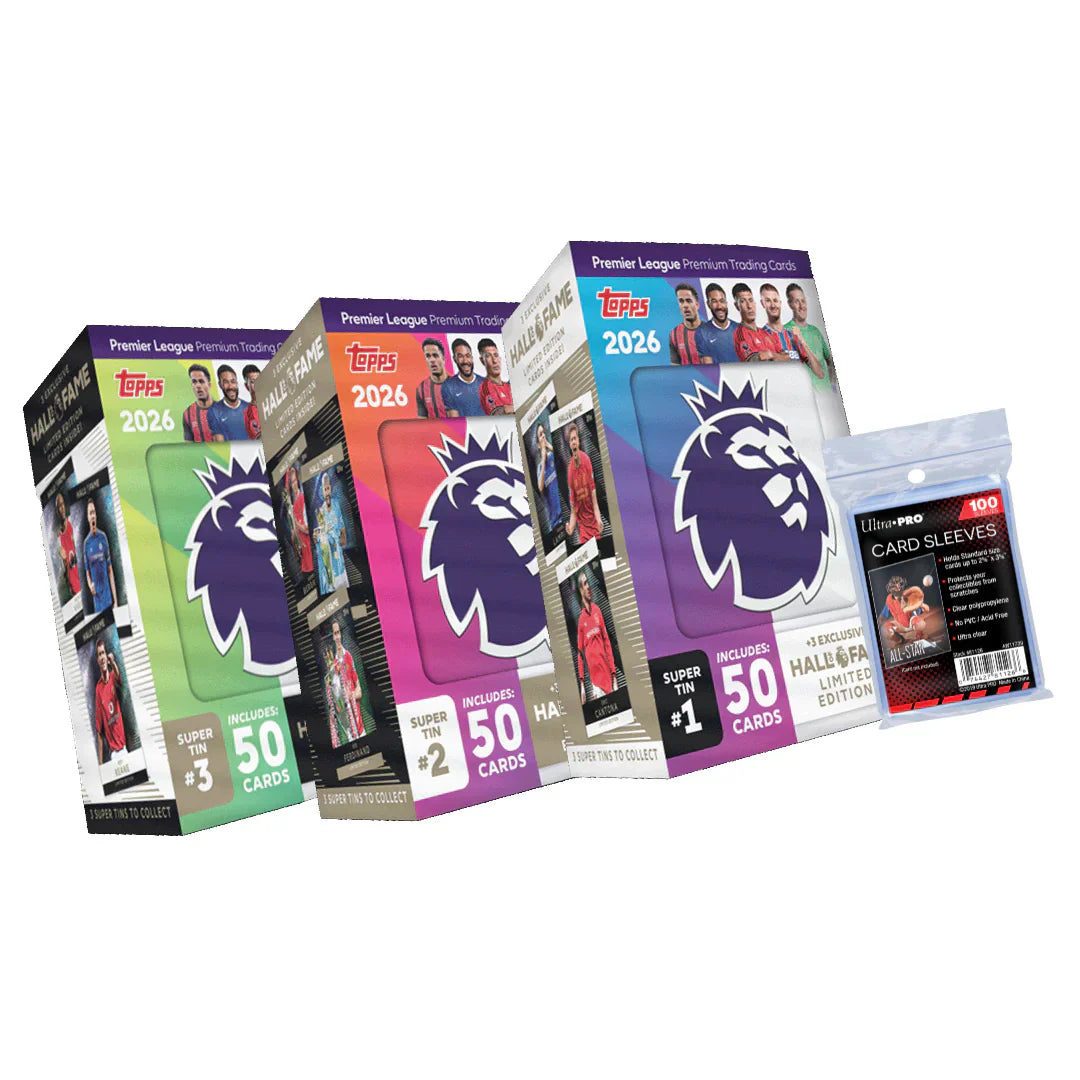 Topps Premier League 2026 - Debut Edition - Super Tin Bundle - 3 Super Tins + 100 Soft Sleeves